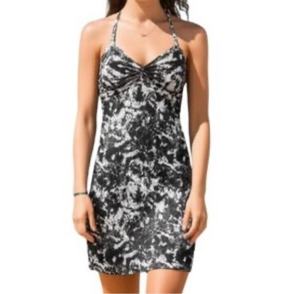 Athleta Zumma Swim Dress UPF 50+ Open Back Black Tie Dye Tennis Large Petite - Picture 2 of 12